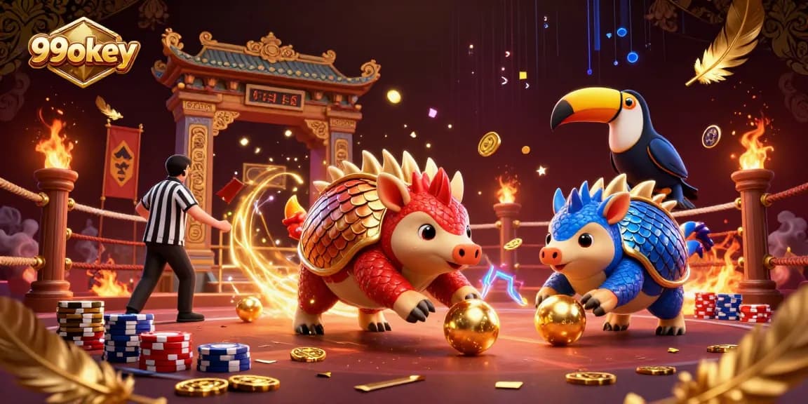 Experience thrilling gameplay at 99okey with pangolins bowling through poker chips in a dynamic casino arena.