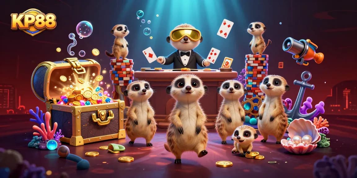 Experience the excitement of KP88 with dynamic meerkats managing a colorful casino operation.