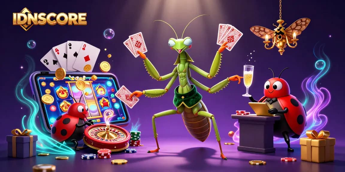 IDNSCORE engaging in gambling activities with a vibrant illustration of a 3D praying mantis and ladybug characters.