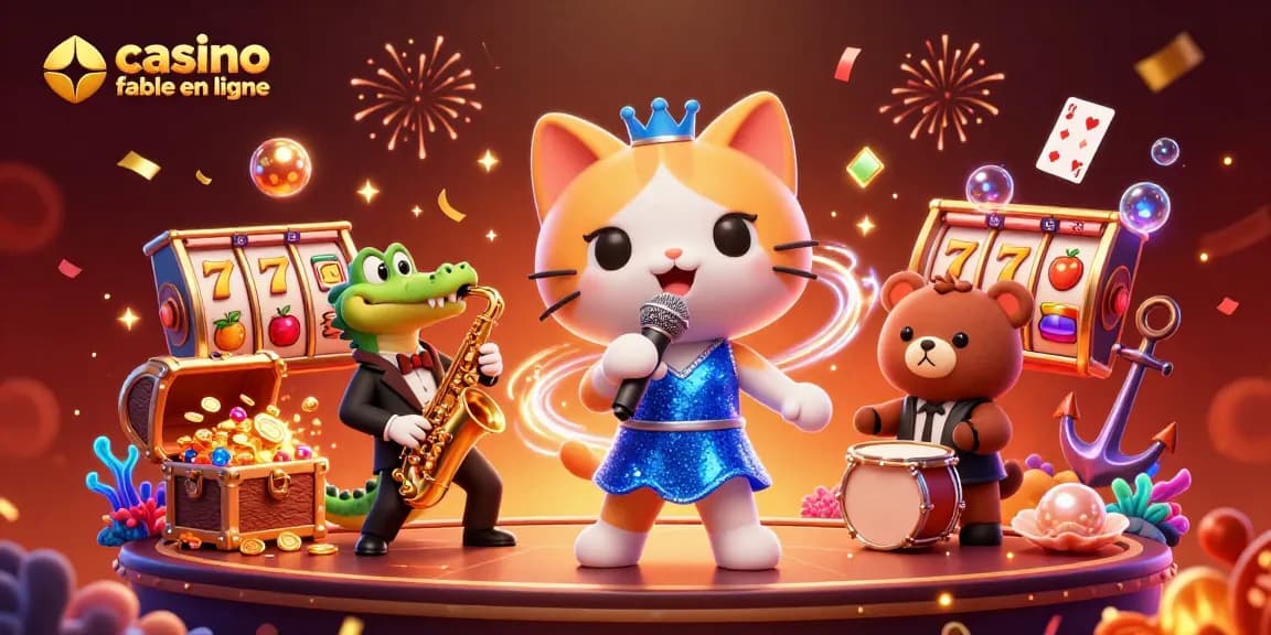 Découvrez l'excitation d'un casino fiable en ligne avec notre illustration dynamique mettant en scène des personnages animés et des éléments de jeu colorés.
