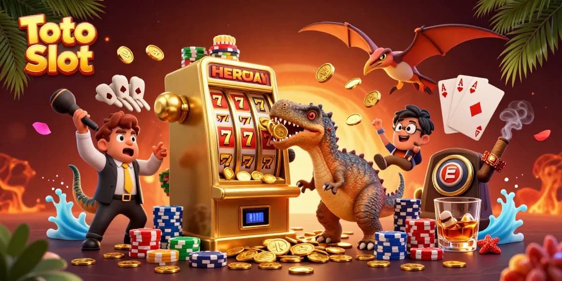 Experience the thrill of Toto Slot with a dinosaur-themed jackpot adventure, featuring colorful casino elements.