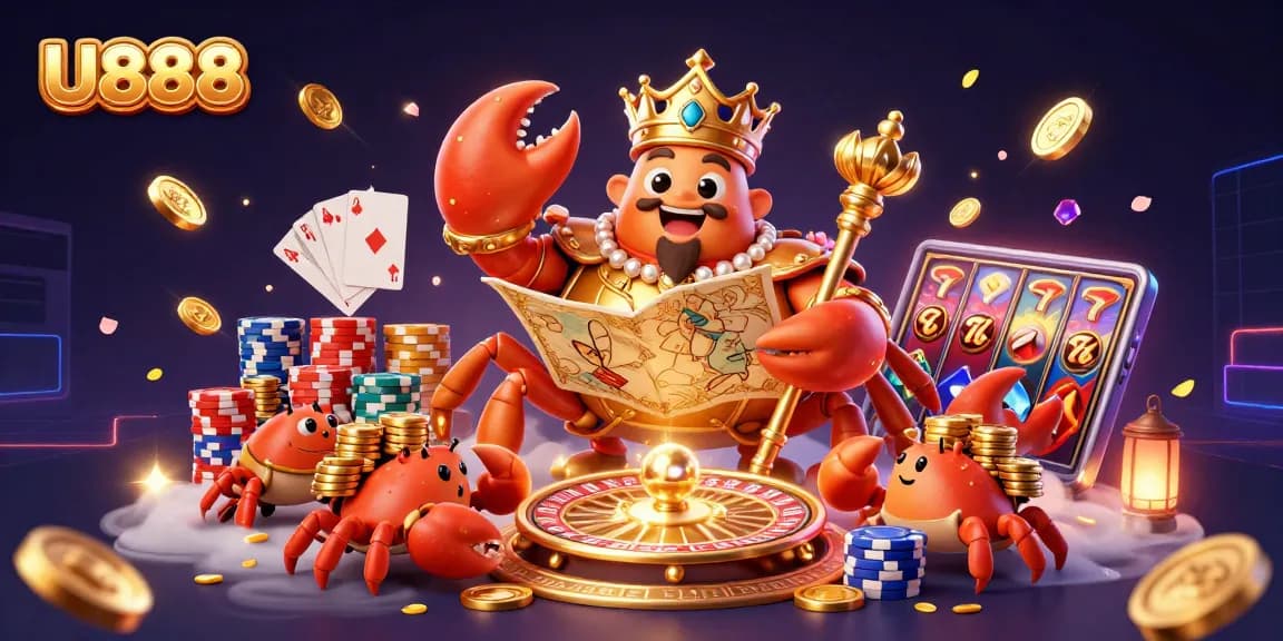 U888 showcases a golden crab emperor surrounded by vibrant casino elements in a dynamic gambling scene.