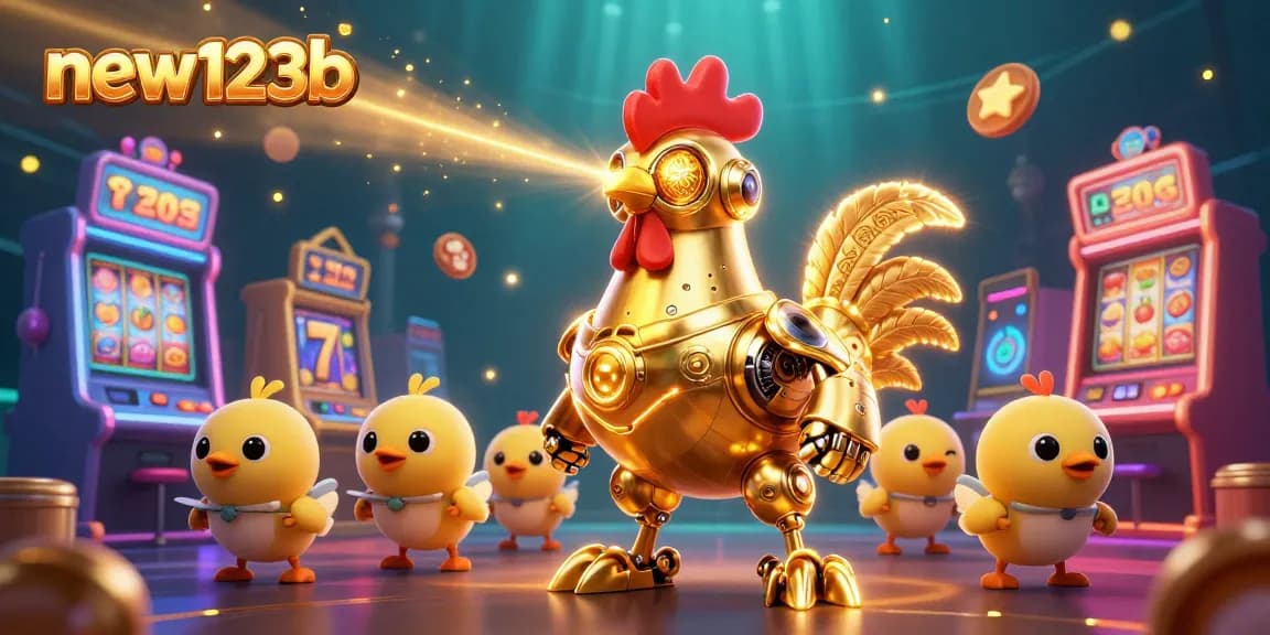 Experience new123b with a golden rooster robot and chick drones in a vibrant casino scene.