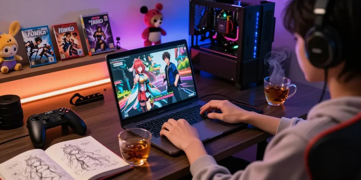 Engaging scene of a person playing hentai games in a cozy, colorful setting.