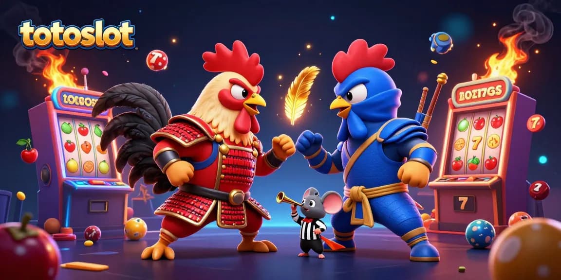 Engage with totoslot in a dynamic scene featuring fighting roosters and vibrant slot machines.