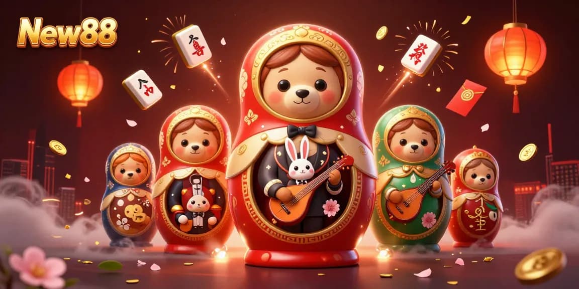 New88 showcases a vibrant casino scene with colorful characters and game elements celebrating online gaming excitement.