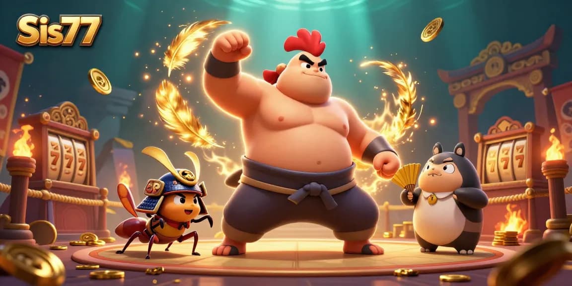 Permainan slot menarik di Sis77 dengan ayam sumo dan serangga samurai dalam suasana kasino.