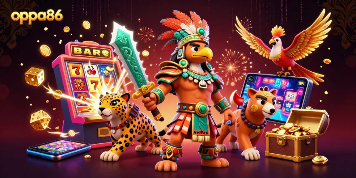Experience the thrill of oppa86 with an energetic casino scene including Aztec warriors and slot machines.