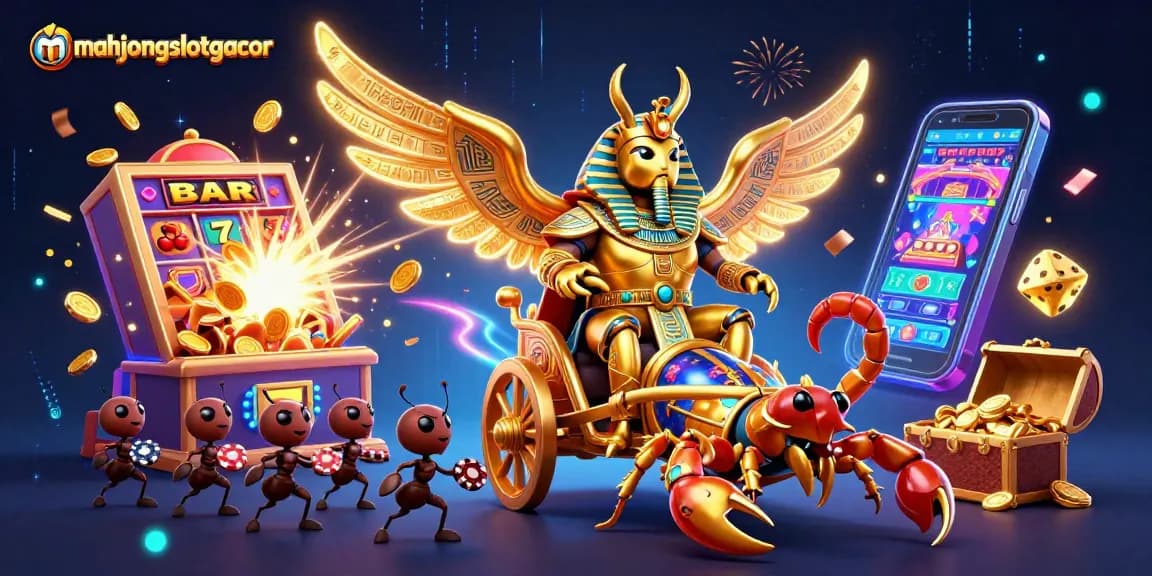 Experience mahjongslotgacor excitement with a vibrant 3D casino illustration showcasing rich game elements.