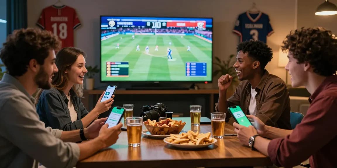 Friends celebrating live sports with the Velki App in a lively lounge atmosphere.