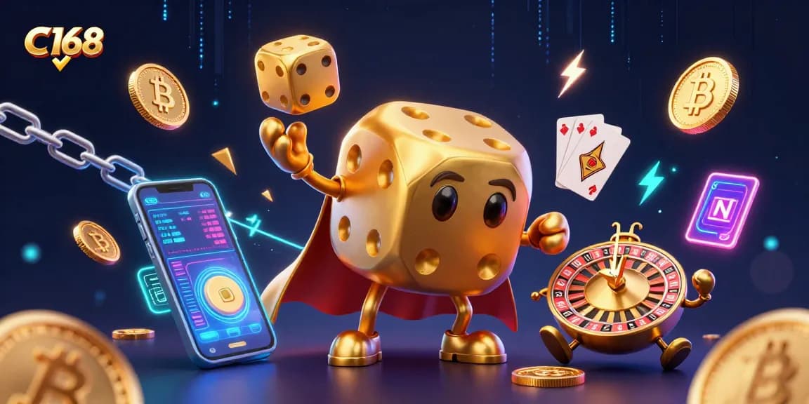 Engage with C168's unique 3D interactive casino experience featuring golden dice and cryptocurrencies.