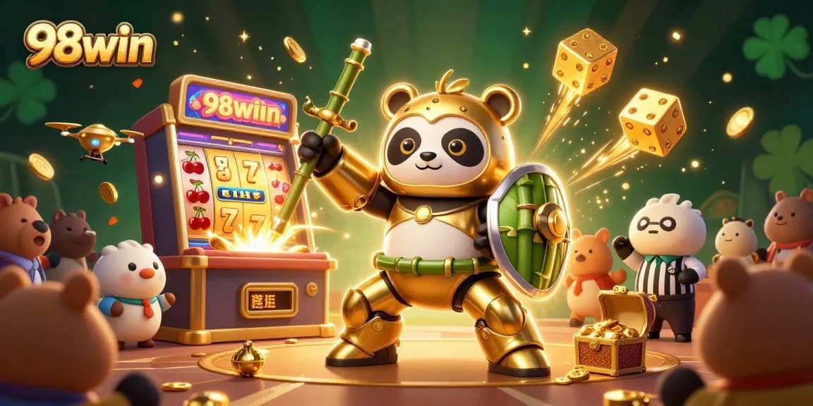 Experience thrilling jackpots at 98win with golden panda and mega slot machine bursting coins.