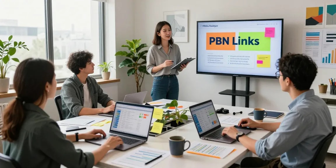 PBN Links strategies and team collaboration in a modern digital marketing office.