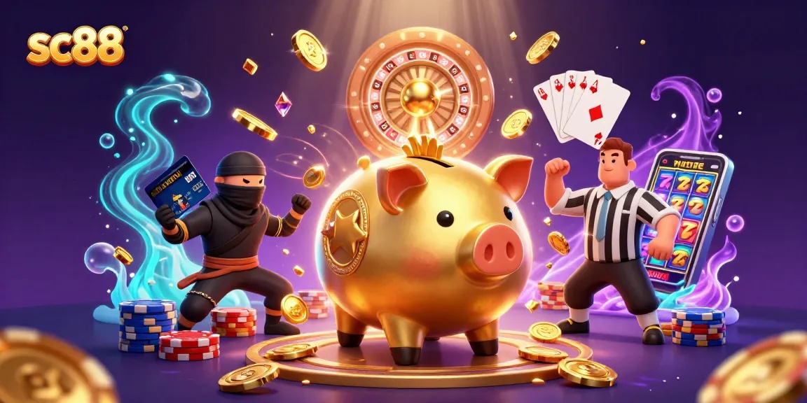 Experience the excitement of sc88 with a whimsical illustration of a sumo wrestler, wallet-ninja, and samurai referee in a casino showdown.