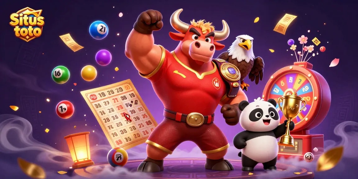 Situs toto lottery balls bounce energetically around a victorious bull mascot, eagle, and panda.