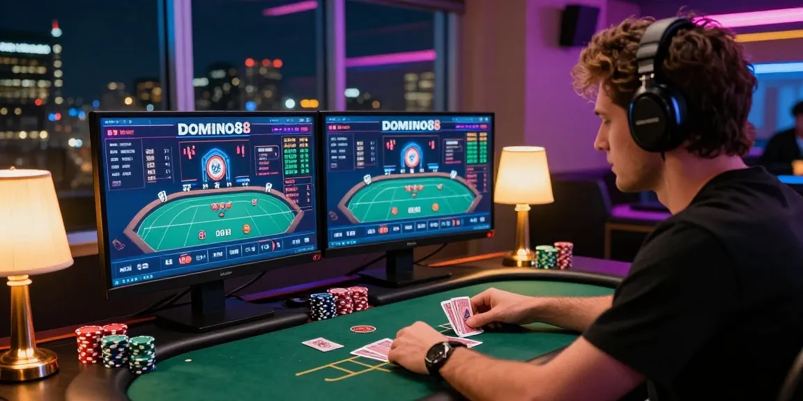 Situs Poker Online Resmi Domino88 player engaging in online poker at modern setup, showcasing excitement and focus.