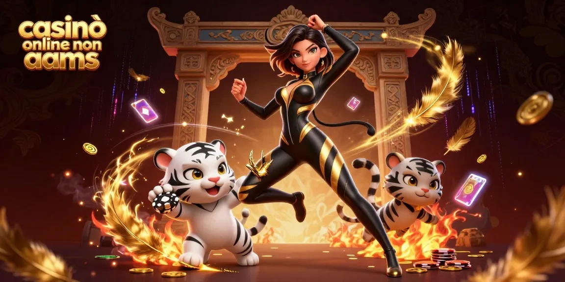 Scopri l'emozione dei casinò online non aams attraverso un'illustrazione 3D vivace con elementi di gioco e personaggi.