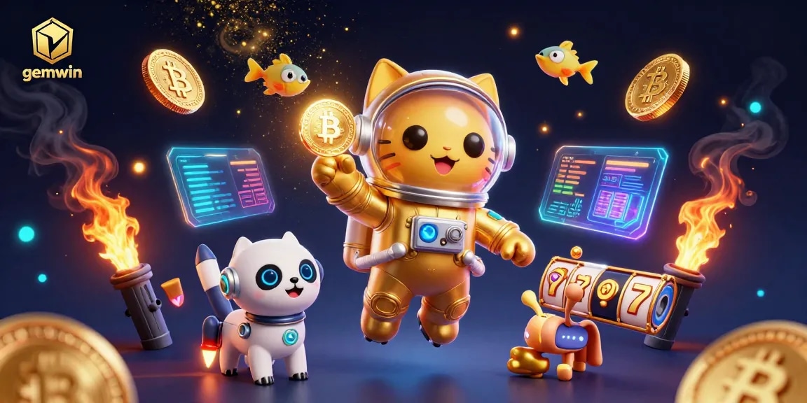 Engage with gemwin's electrifying cosmic casino adventure, featuring slots, gaming icons, and futuristic characters.
