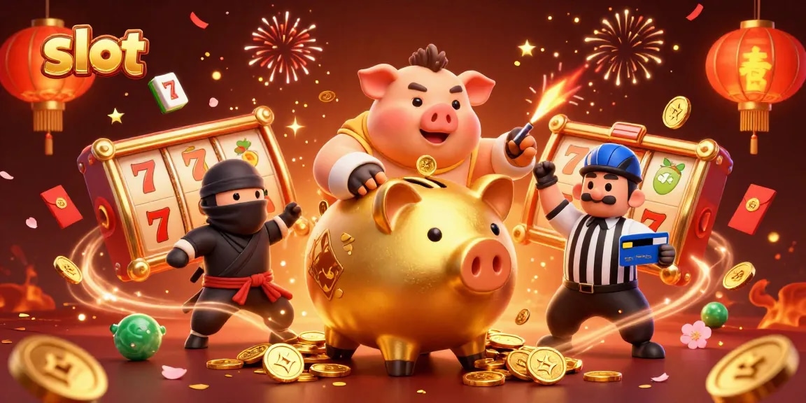 Menangkan slot dengan berbagai simbol menarik seperti lucky 7 dan buah dalam ilustrasi kasino yang meriah.