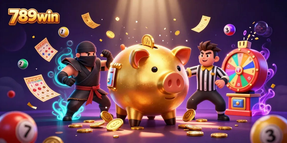 Experience thrilling 789win action with a golden sumo wrestler, wallet ninja, and samurai referee amidst vibrant casino elements.