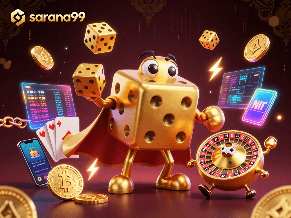Sarana99 engages players with a vibrant, animated casino scene featuring golden dice, crypto elements, and dynamic action.