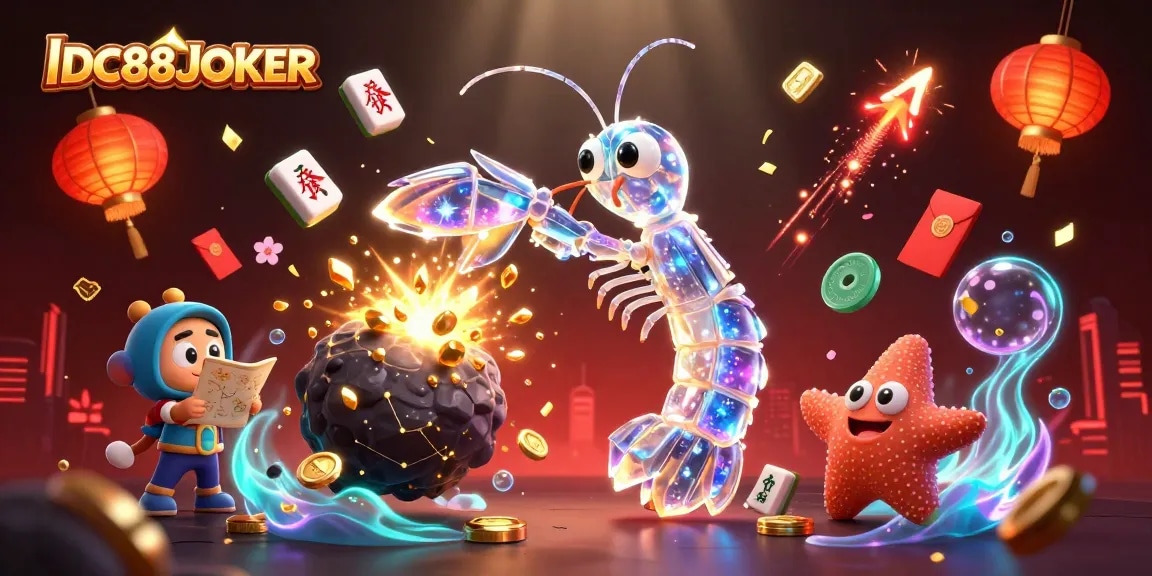 Engage with IDC88JOKER as a galactic mantis shrimp battles for treasure amidst vibrant casino elements.
