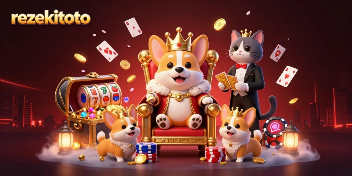 Experience thrilling jackpot wins at rezekitoto with cartoon characters surrounded by poker chips and golden treasures.