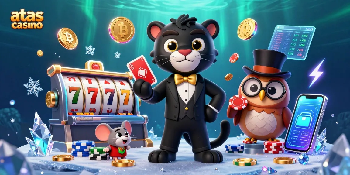 Experience the excitement of playing at ATAS Casino, depicted by a stylish panther dealer and charming characters.
