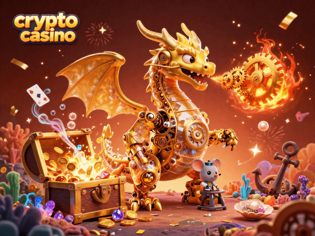 Experience the thrill of a crypto casino with a dragon and engineer amidst treasures and games.