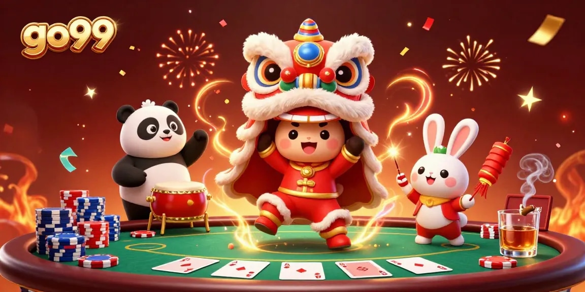 Experience the excitement of gambling with go99 illustrated in a vibrant 3D scene featuring a lion dance, poker elements, and festive decorations.