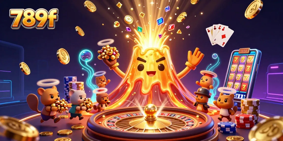 Experience thrilling wins at 789f with golden lava and treasure erupting from a volcano in this vibrant casino scene.