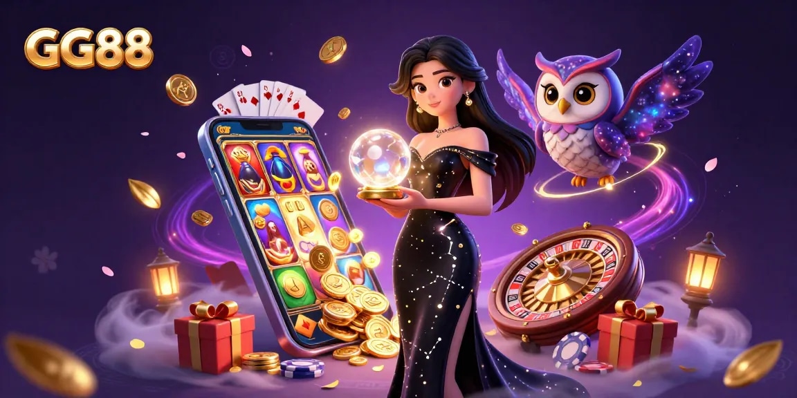 Win big at GG88 with an ultra-detailed 3D illustration showcasing exciting casino game elements and characters.
