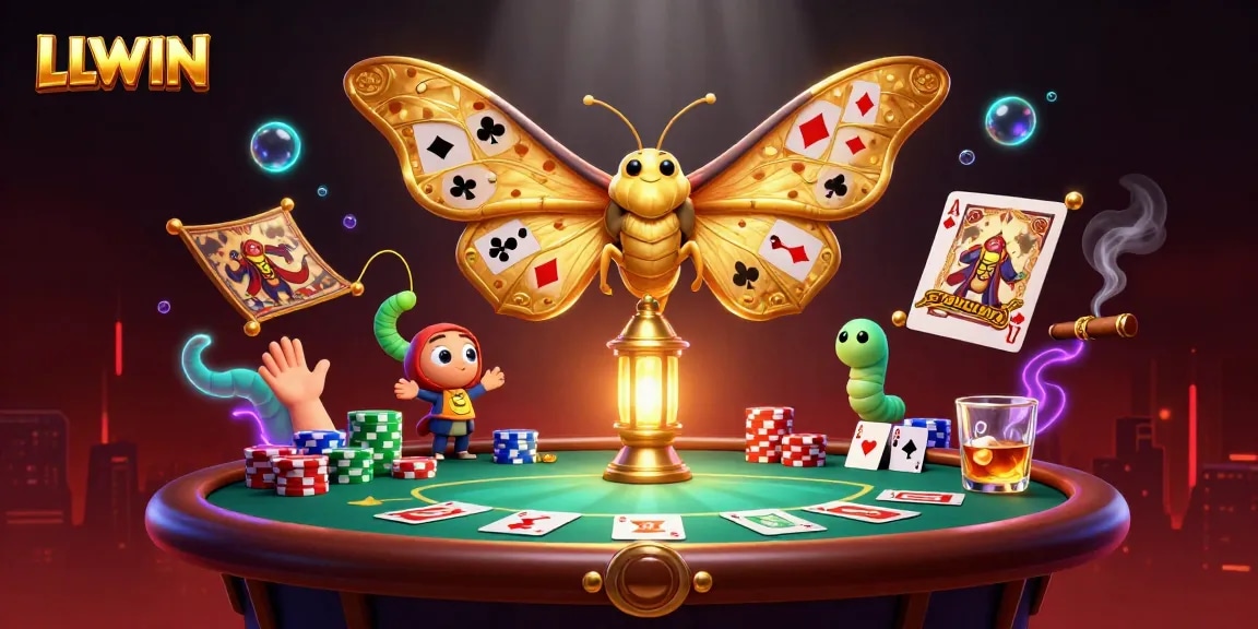 Engage with LLWIN's vibrant casino atmosphere, featuring a majestic moth and poker elements.