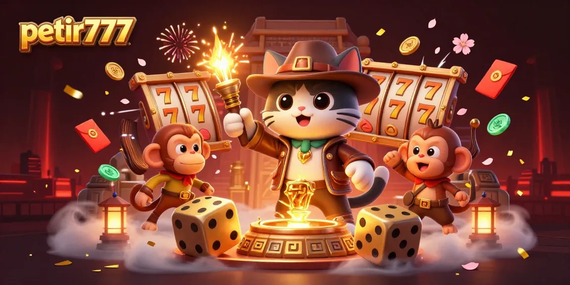 Experience the thrill of petir777 with a vibrant scene of an explorer cat and monkey amid casino treasures.