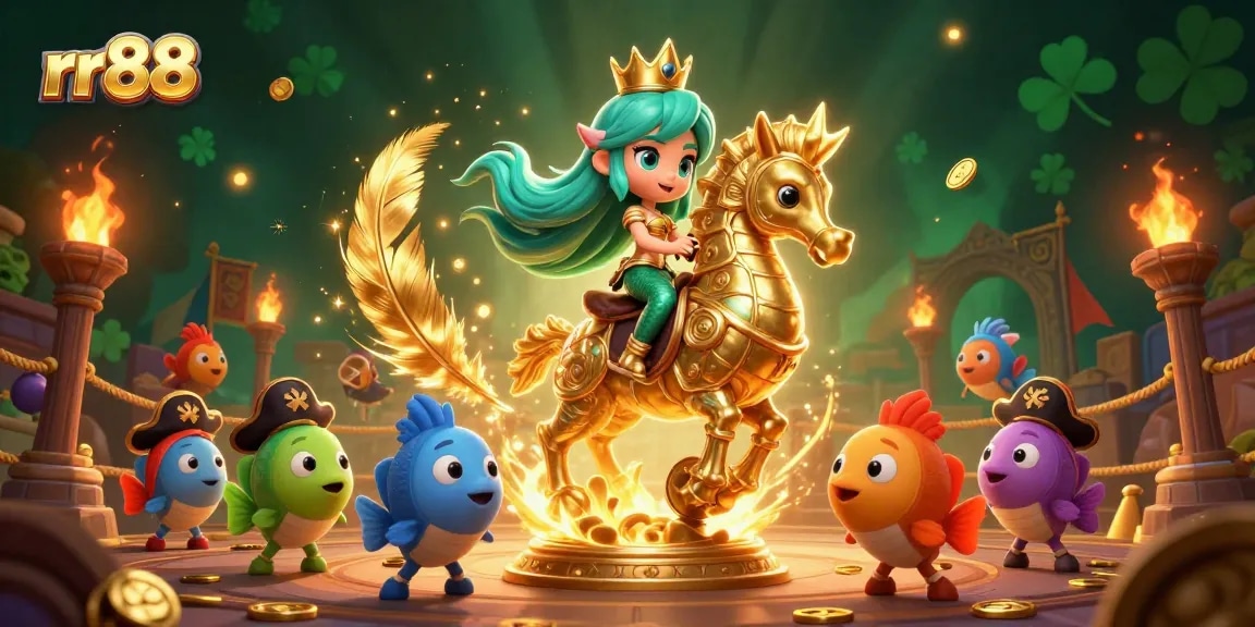 Join the fun at rr88 with a vibrant mermaid princess, seahorse, and playful fish celebrating in a dynamic casino scene
