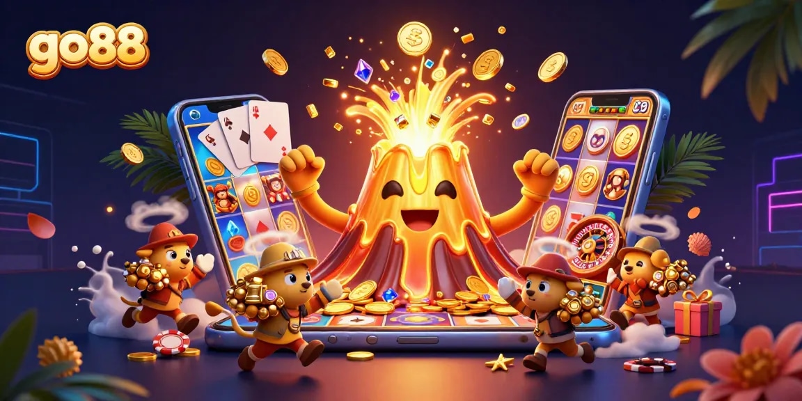 Experience thrilling wins at go88 with a dynamic 3D volcanic eruption alongside treasures and casino elements.