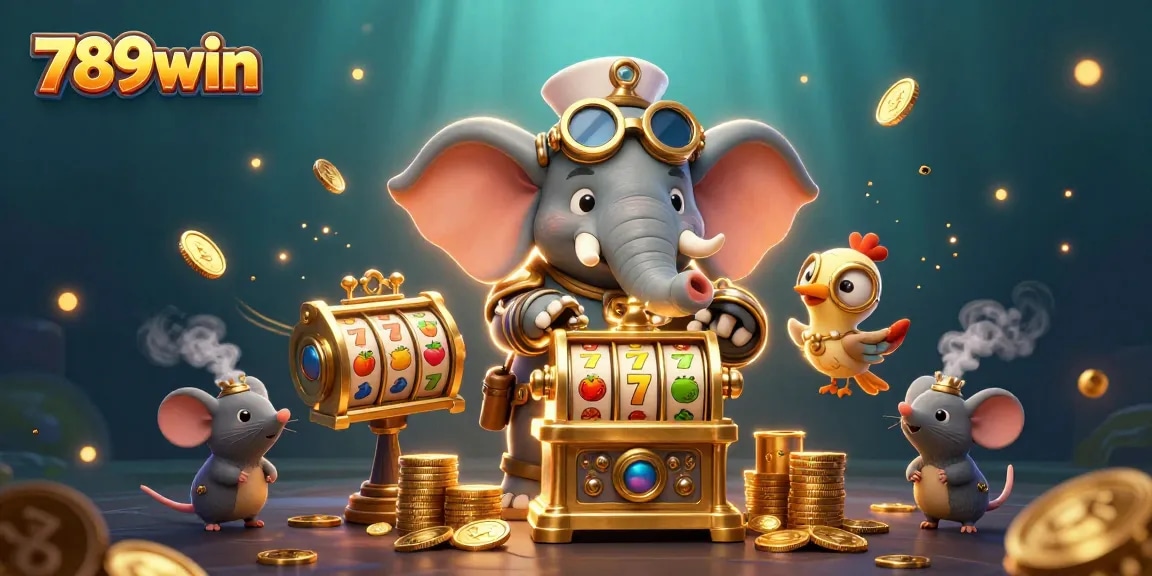 Engage with 789win by spinning golden slot machines amid a vibrant casino backdrop.