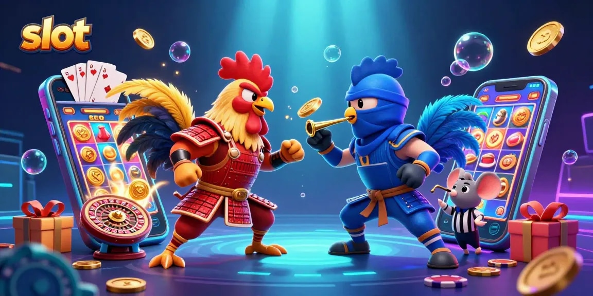 Experience the thrill of slots as twin roosters battle with a vibrant slot game in action.