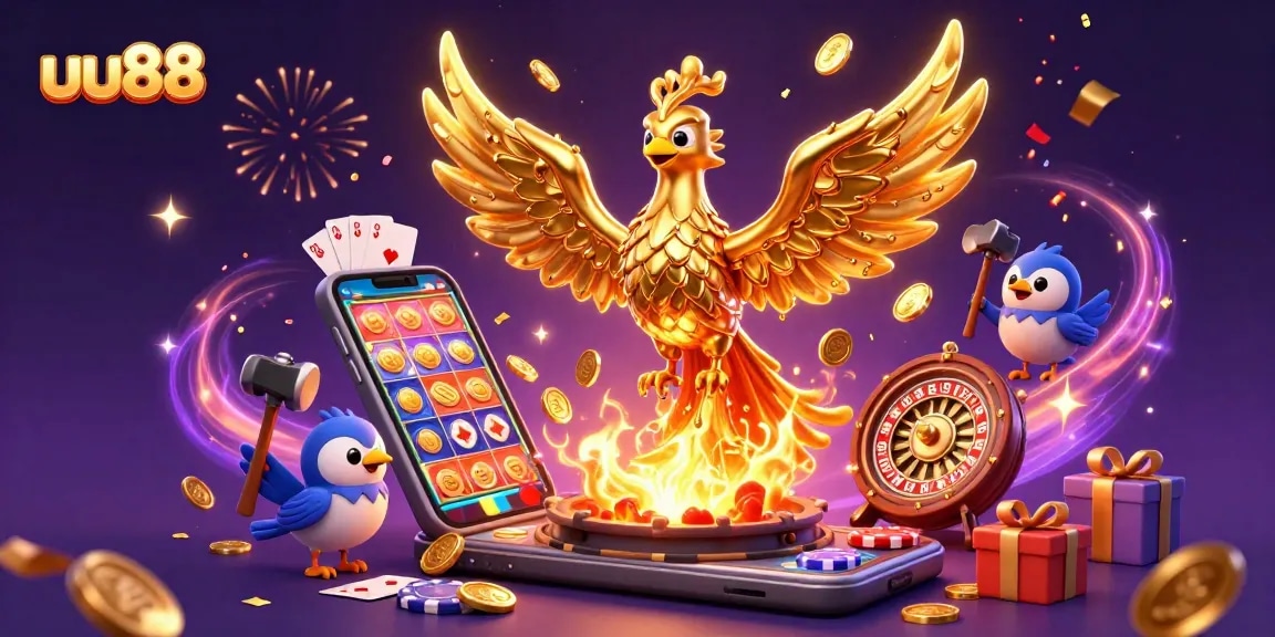 Experience the thrilling wins of uu88 with a golden phoenix and vibrant casino games around it.