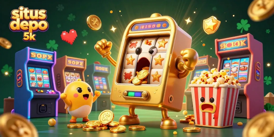 Engage with 'situs depo 5k' through a thrilling jackpot scene showcasing characters in action, celebrating wins.