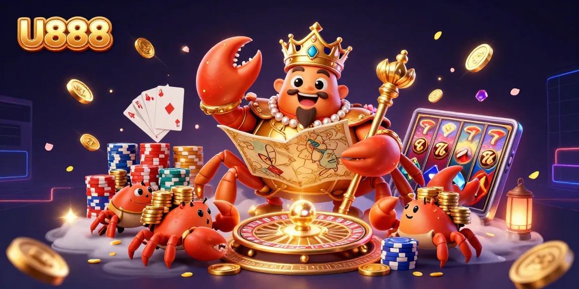 U888 showcases a golden crab emperor surrounded by vibrant casino elements in a dynamic gambling scene.
