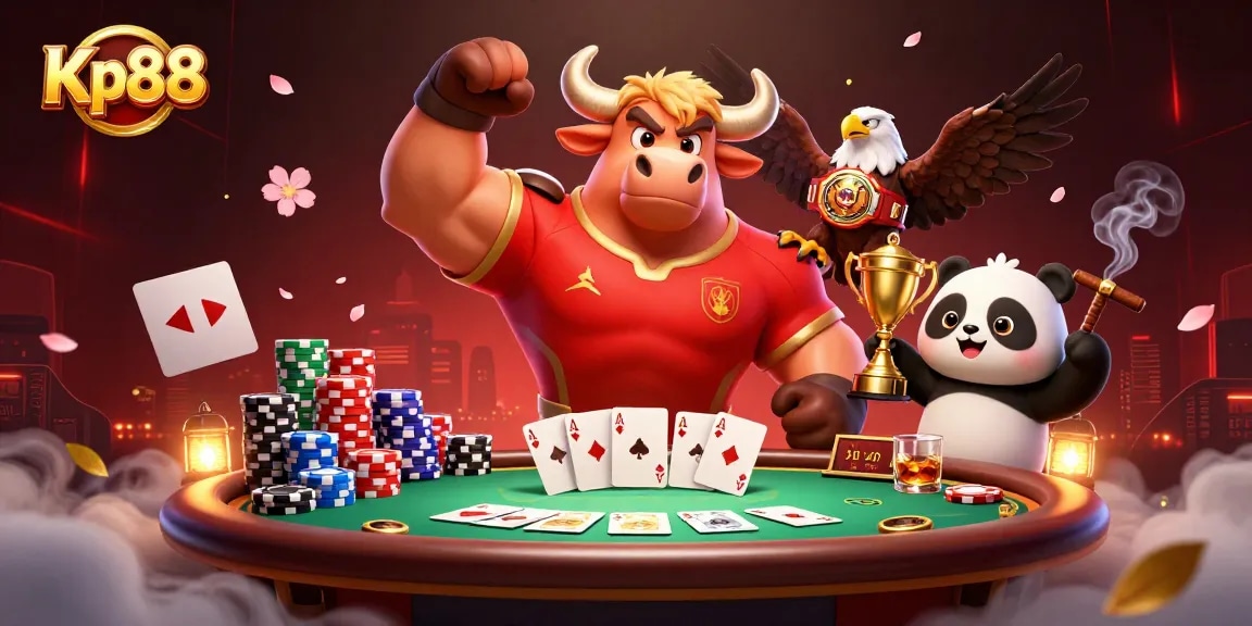 Kp88 bull mascot celebrates a winning poker moment with friends at a vibrant casino scene.