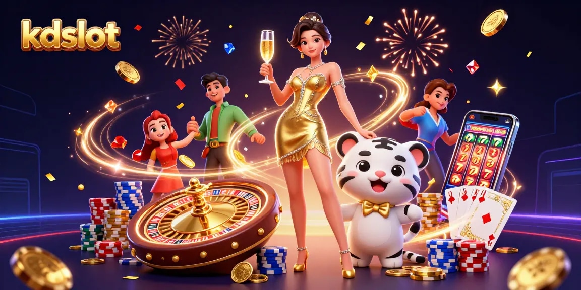 Experience thrilling gaming visuals with kdslot featuring a glamorous woman, lucky tiger, and cascading gold coins.