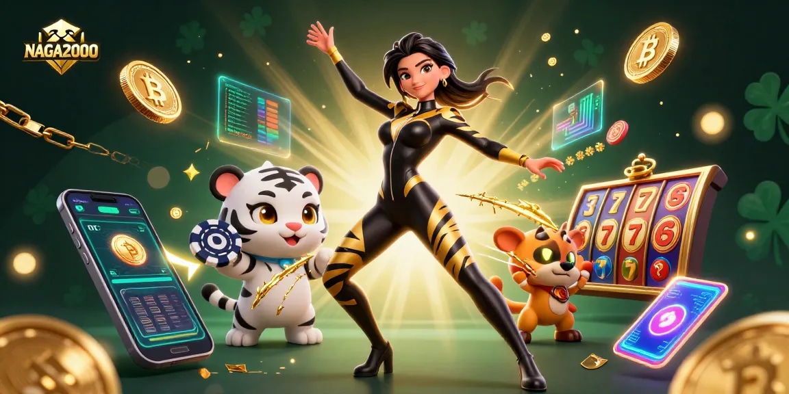 NAGA2000 menampilkan pemandangan yang memukau dengan seorang wanita dalam kostum kucing glamor di samping seekor harimau bayi yang ceria, dikelilingi oleh elemen slot yang cerah.