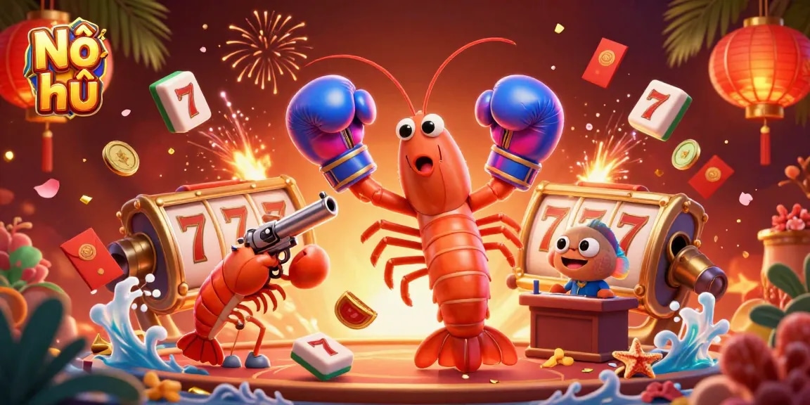 Nổ hũ slot game dynamic scene with vibrant characters and lucky symbols in 3D.