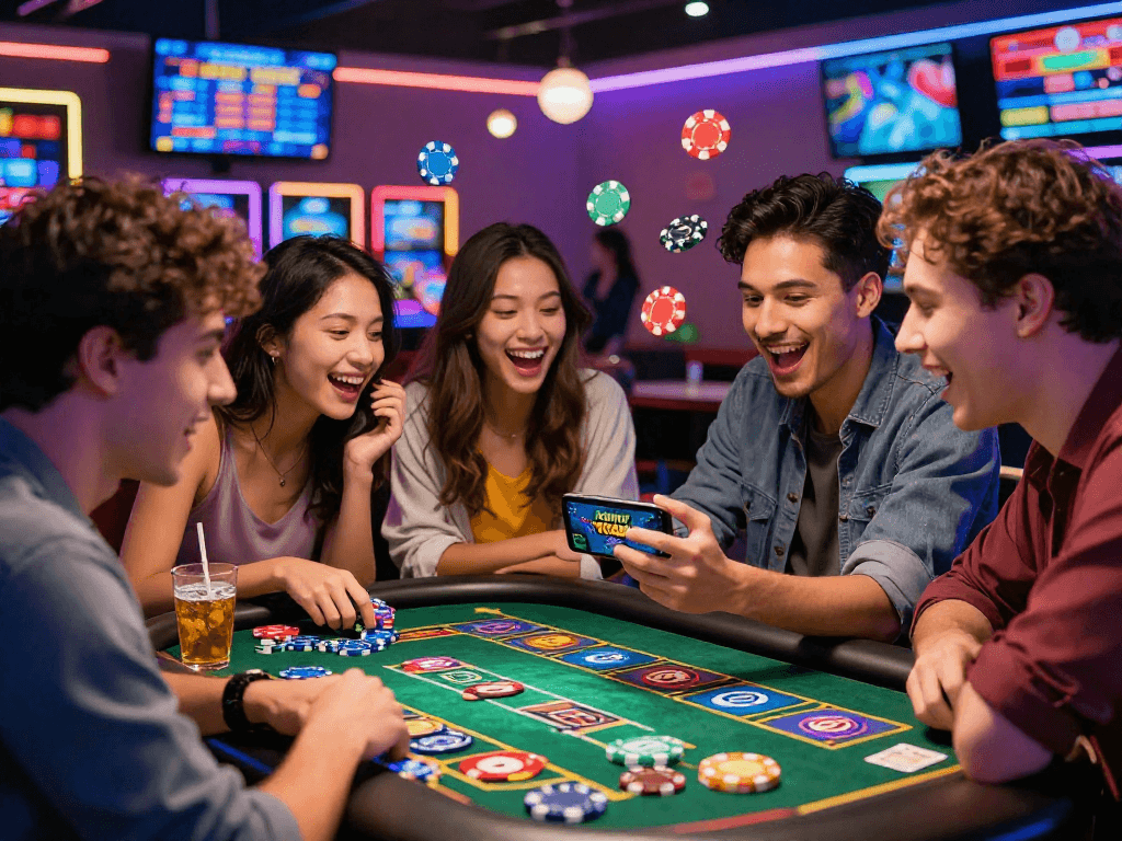 Excited friends engaging with the Teen Patti Vegas game link on their smartphone in a lively casino atmosphere.