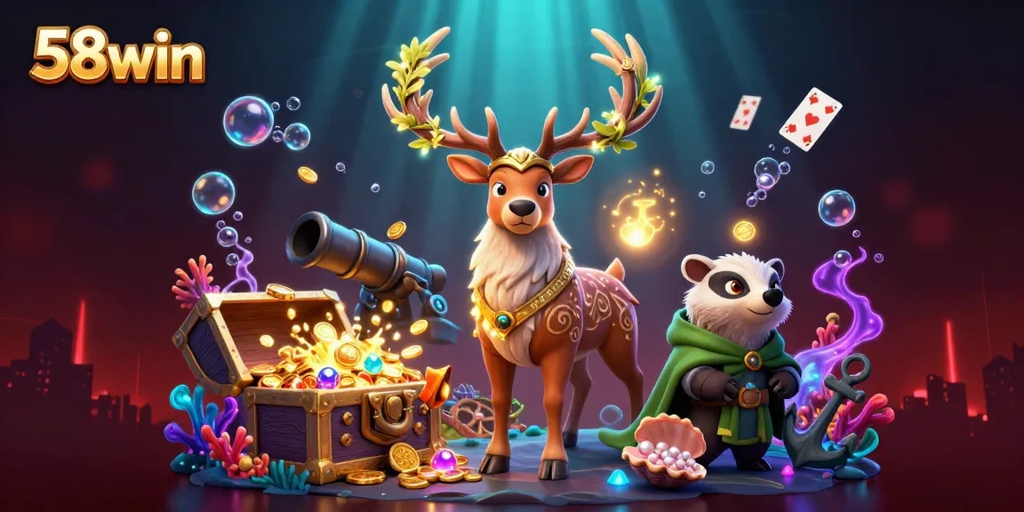 Experience the excitement of betting at 58win with animated characters and casino elements dynamically portrayed.