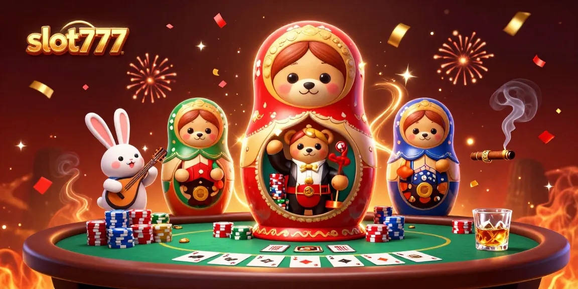 Engaging slot777 scene with 3D Matryoshka bears and casino elements, showcasing vibrant action and excitement.
