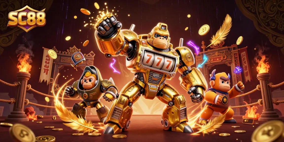 Engage with exciting SC88 slot adventures featuring a golden gorilla mech in action.