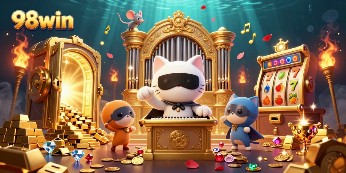 Experience 98win's thrilling casino atmosphere with vibrant characters and dazzling treasures.